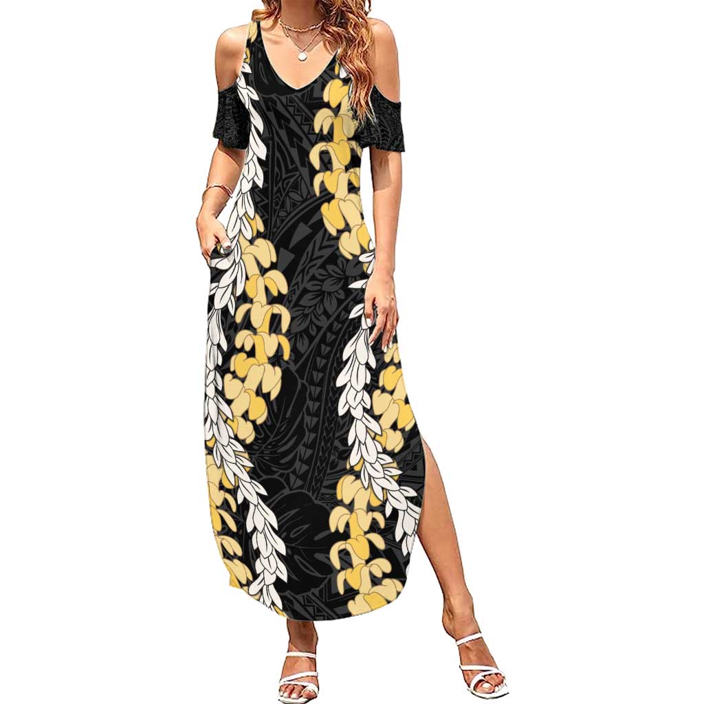 Puakenikeni and Maile Lei Summer Maxi Dress Black Double Strand Lei LT9 Women Black - Polynesian Pride