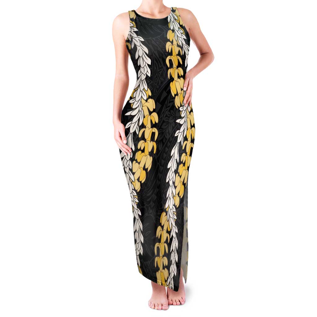 Puakenikeni and Maile Lei Tank Maxi Dress Black Double Strand Lei LT9 Women Black - Polynesian Pride