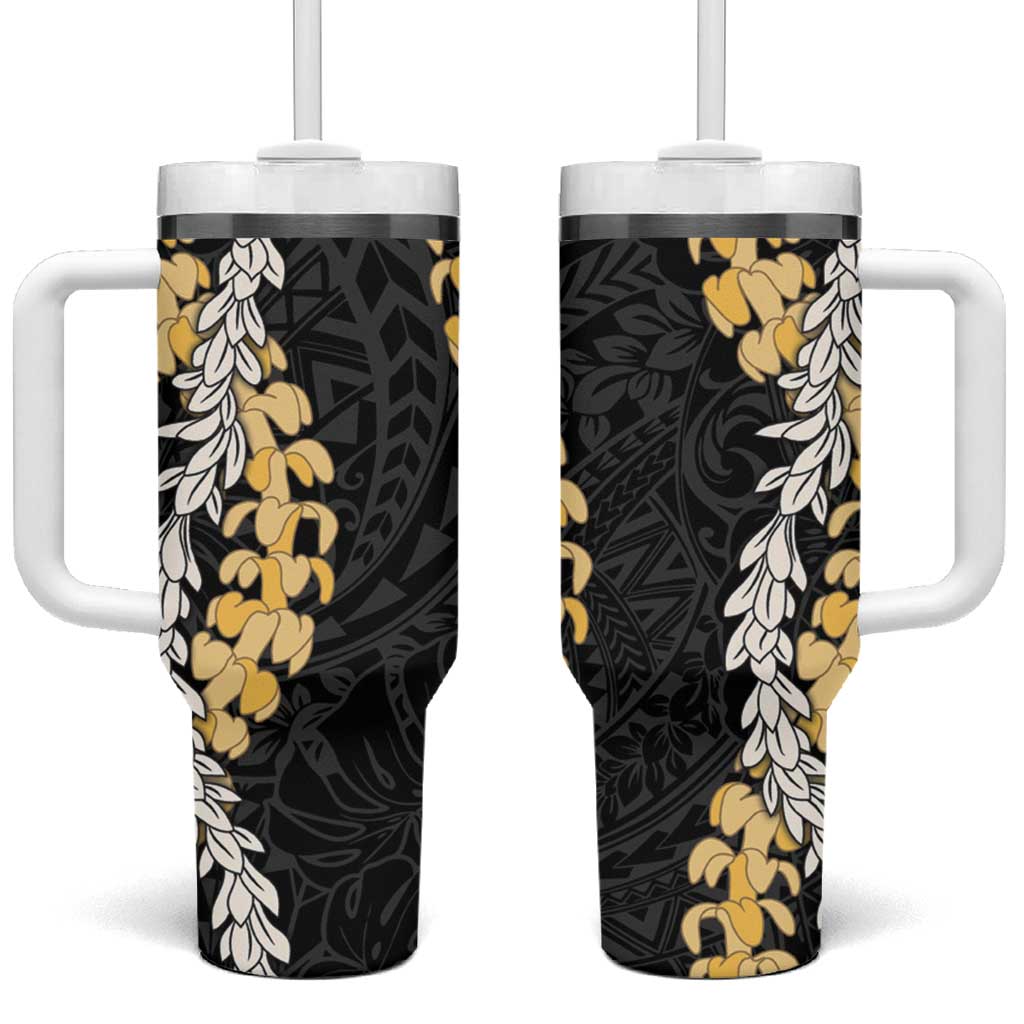 Puakenikeni and Maile Lei Tumbler With Handle Black Double Strand Lei LT9 One Size: 40 oz Black - Polynesian Pride