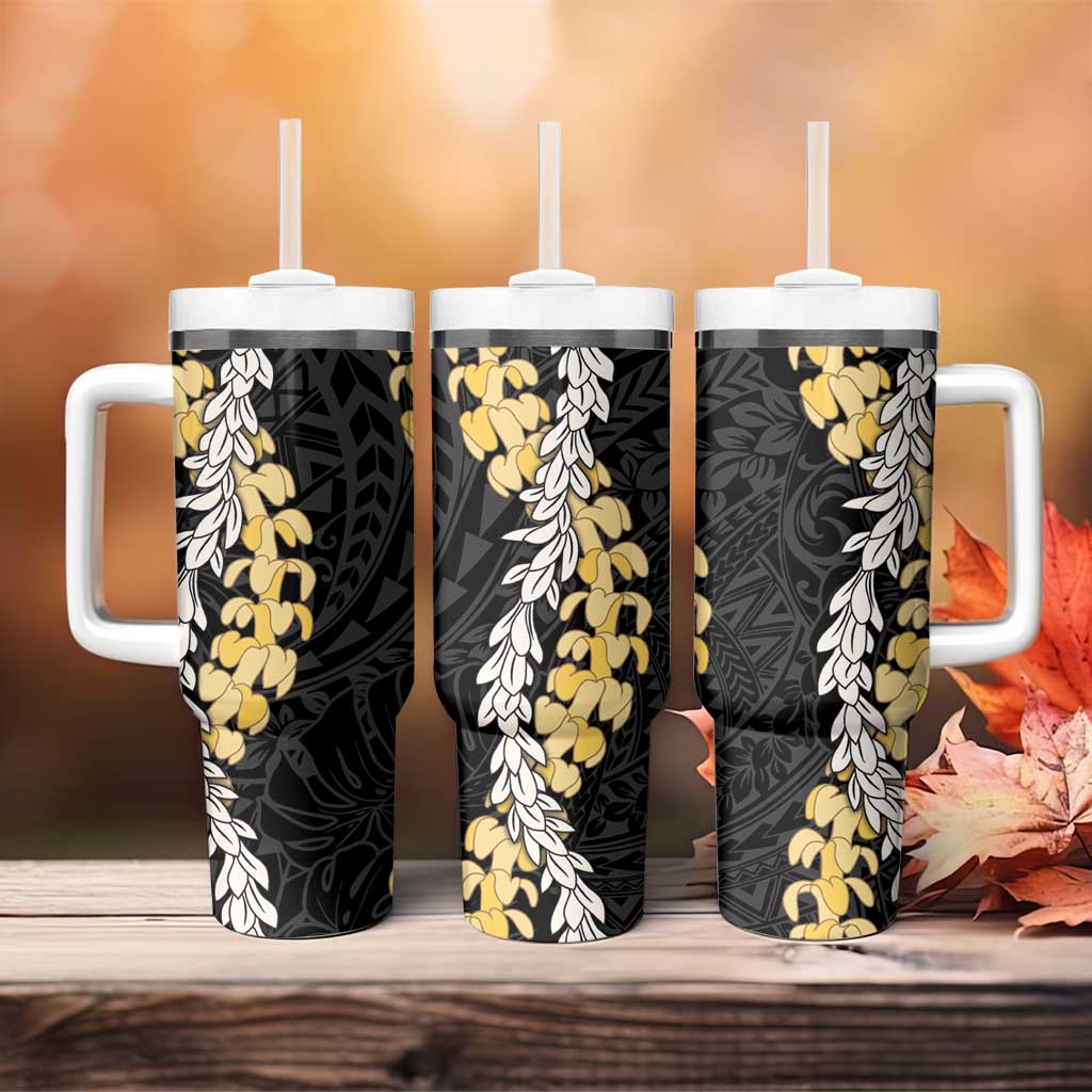 Puakenikeni and Maile Lei Tumbler With Handle Black Double Strand Lei LT9 - Polynesian Pride