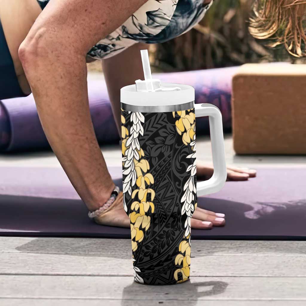 Puakenikeni and Maile Lei Tumbler With Handle Black Double Strand Lei LT9 - Polynesian Pride