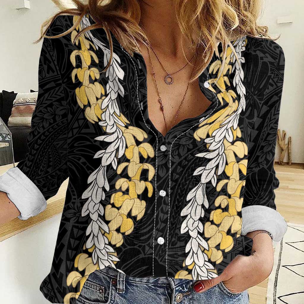 Puakenikeni and Maile Lei Women Casual Shirt Black Double Strand Lei LT9 Female Black - Polynesian Pride