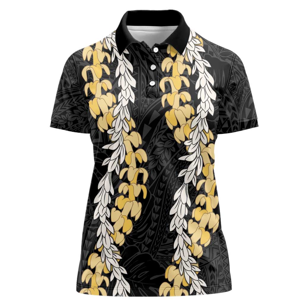 Puakenikeni and Maile Lei Women Polo Shirt Black Double Strand Lei LT9 Female Black - Polynesian Pride