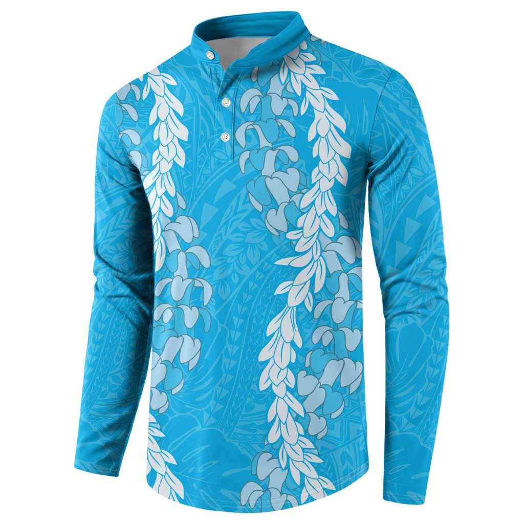 Puakenikeni and Maile Lei Button Sweatshirt Blue Double Strand Lei LT9 - Polynesian Pride
