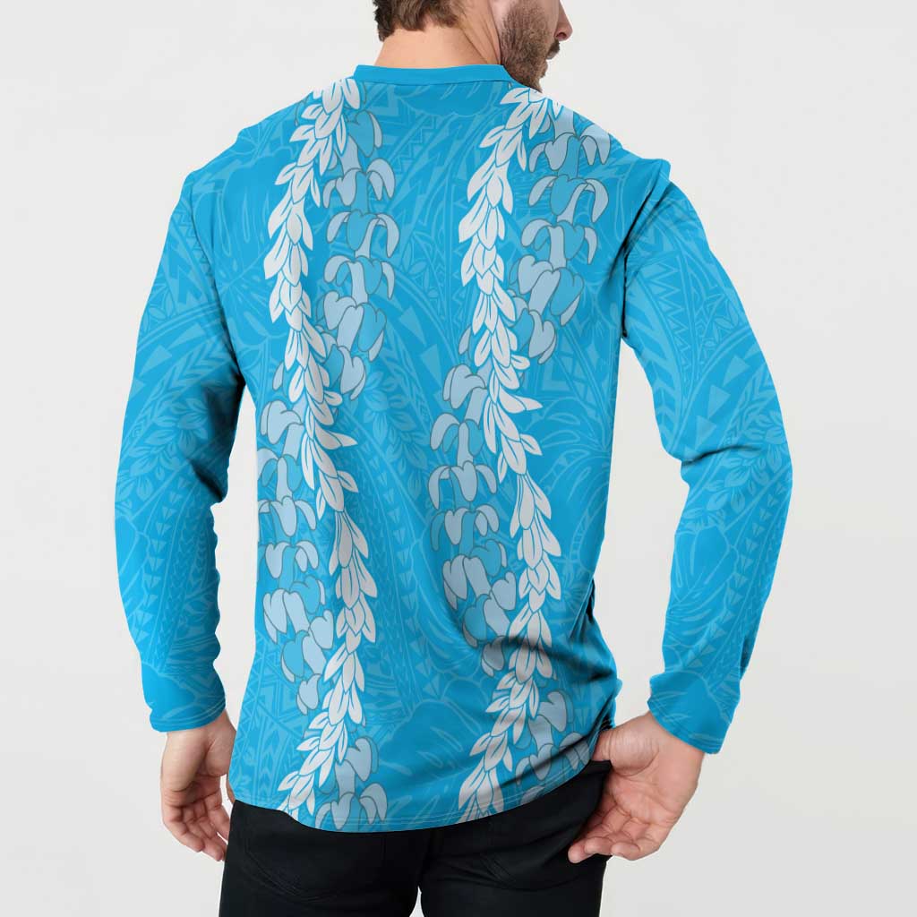 Puakenikeni and Maile Lei Button Sweatshirt Blue Double Strand Lei LT9 - Polynesian Pride