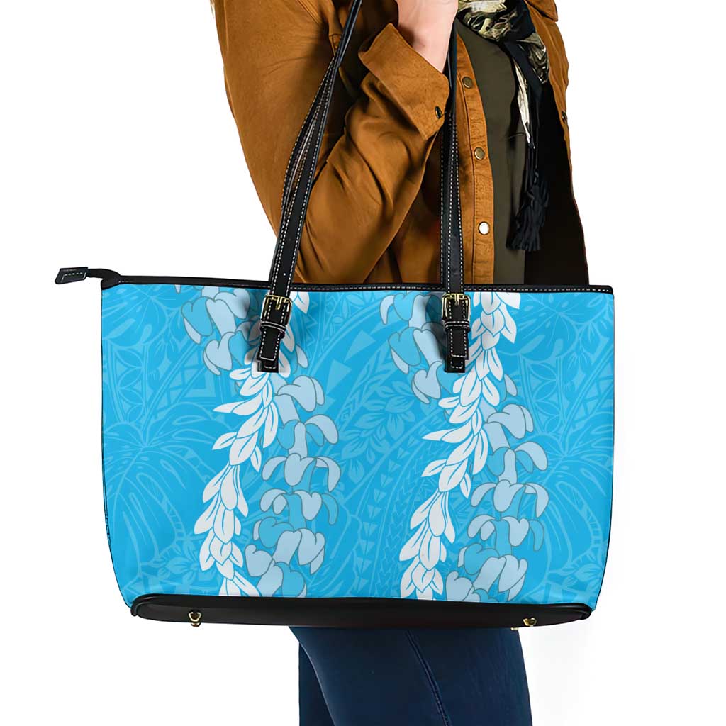 Puakenikeni and Maile Lei Leather Tote Bag Blue Double Strand Lei LT9 - Polynesian Pride