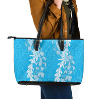 Puakenikeni and Maile Lei Leather Tote Bag Blue Double Strand Lei LT9 - Polynesian Pride