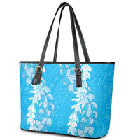 Puakenikeni and Maile Lei Leather Tote Bag Blue Double Strand Lei LT9 - Polynesian Pride