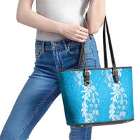 Puakenikeni and Maile Lei Leather Tote Bag Blue Double Strand Lei LT9 - Polynesian Pride