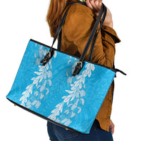 Puakenikeni and Maile Lei Leather Tote Bag Blue Double Strand Lei LT9 - Polynesian Pride