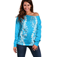 Puakenikeni and Maile Lei Off Shoulder Sweater Blue Double Strand Lei LT9 Women Blue - Polynesian Pride