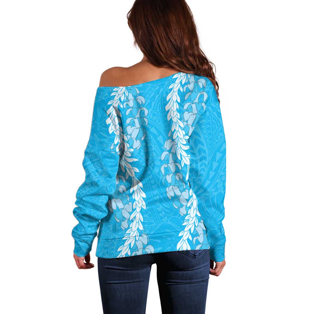 Puakenikeni and Maile Lei Off Shoulder Sweater Blue Double Strand Lei LT9 - Polynesian Pride