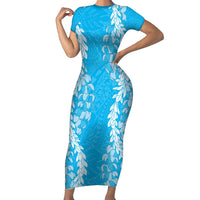 Puakenikeni and Maile Lei Short Sleeve Bodycon Dress Blue Double Strand Lei LT9 Long Dress Blue - Polynesian Pride