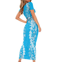Puakenikeni and Maile Lei Short Sleeve Bodycon Dress Blue Double Strand Lei LT9 - Polynesian Pride