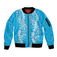 Puakenikeni and Maile Lei Sleeve Zip Bomber Jacket Blue Double Strand Lei LT9 Unisex Blue - Polynesian Pride