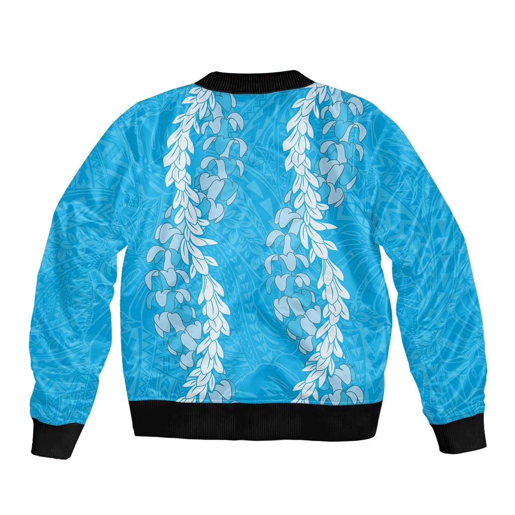 Puakenikeni and Maile Lei Sleeve Zip Bomber Jacket Blue Double Strand Lei LT9 - Polynesian Pride