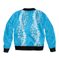Puakenikeni and Maile Lei Sleeve Zip Bomber Jacket Blue Double Strand Lei LT9 - Polynesian Pride