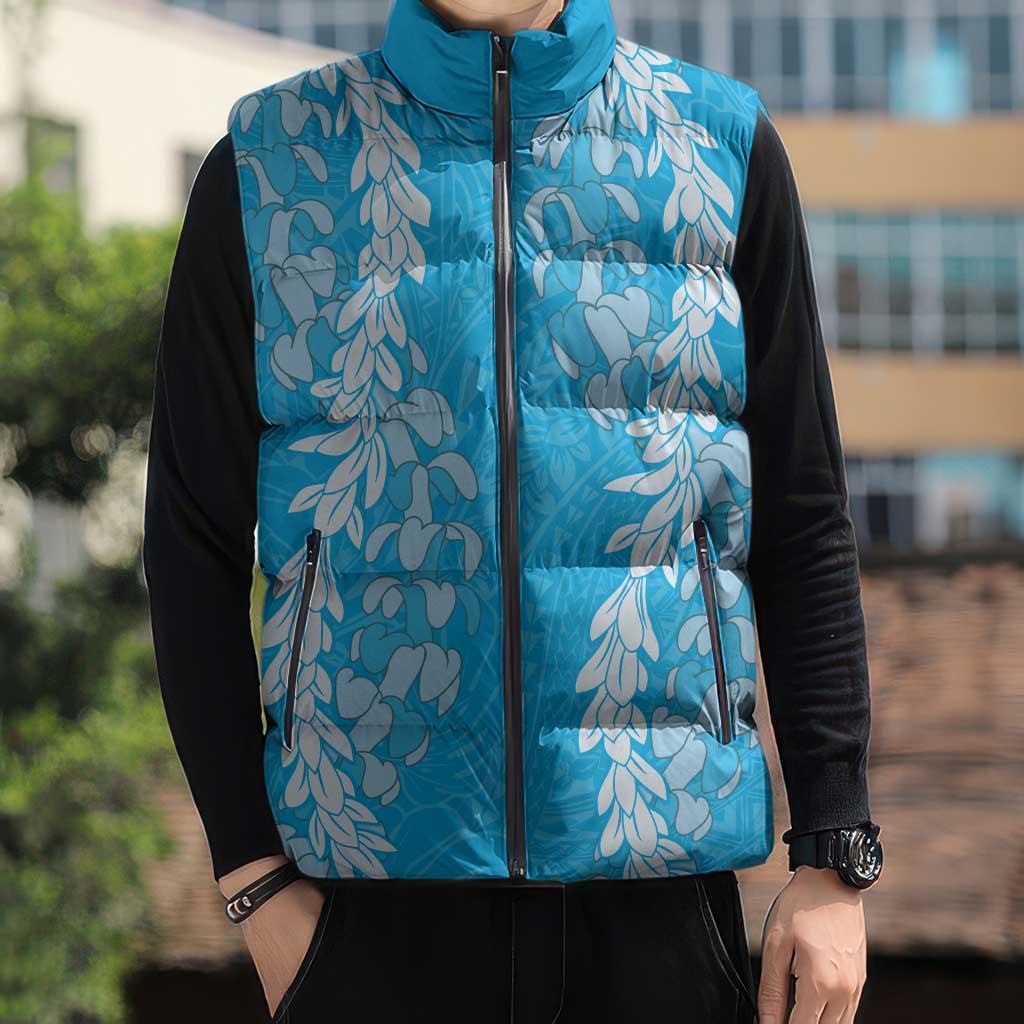 Puakenikeni and Maile Lei Sleeveless Puffer Jacket Blue Double Strand Lei LT9 - Polynesian Pride