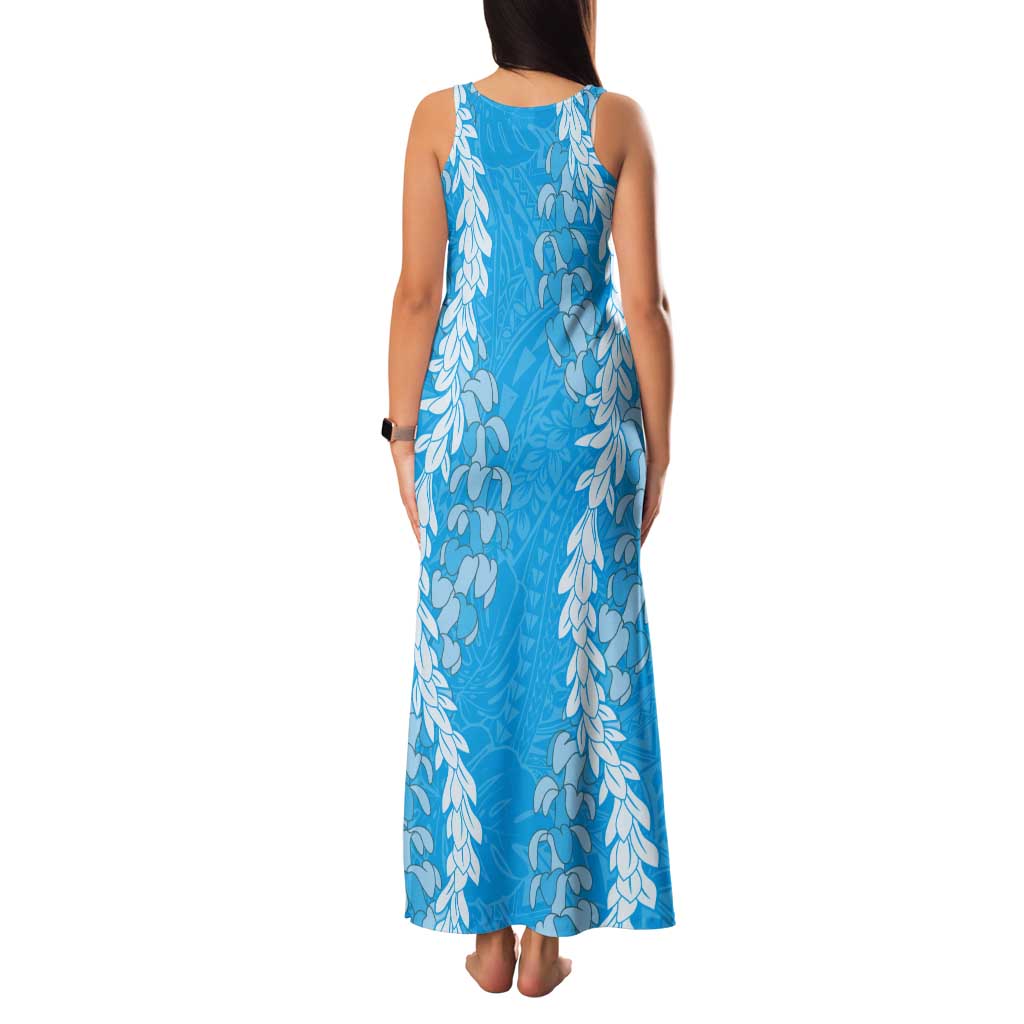 Puakenikeni and Maile Lei Tank Maxi Dress Blue Double Strand Lei LT9 - Polynesian Pride
