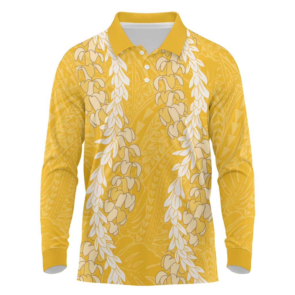 Puakenikeni and Maile Lei Long Sleeve Polo Shirt Gold Double Strand Lei LT9 Gold - Polynesian Pride