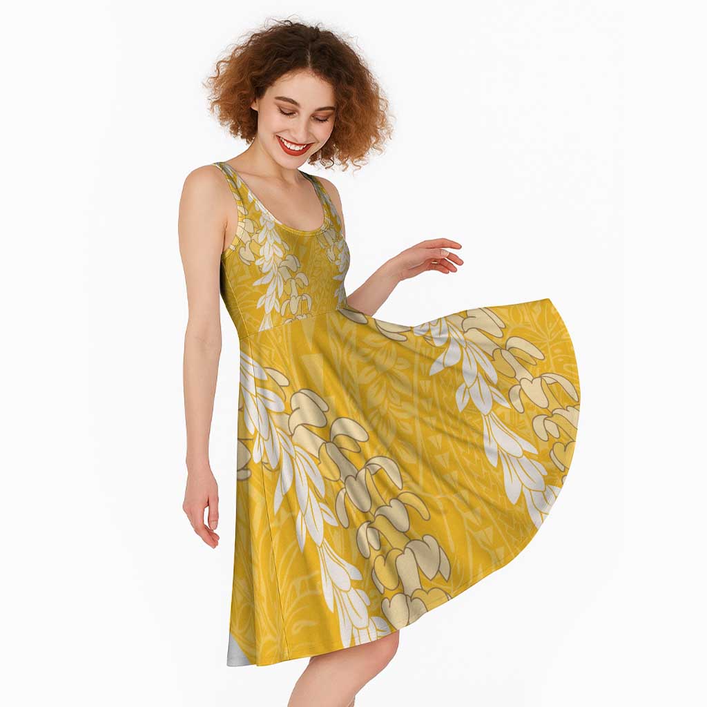Puakenikeni and Maile Lei Midi Dress Gold Double Strand Lei LT9 - Polynesian Pride
