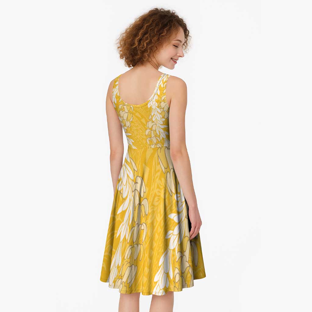 Puakenikeni and Maile Lei Midi Dress Gold Double Strand Lei LT9 - Polynesian Pride