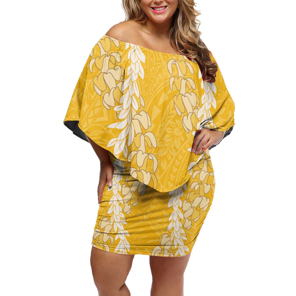 Puakenikeni and Maile Lei Off Shoulder Short Dress Gold Double Strand Lei LT9 Women Gold - Polynesian Pride