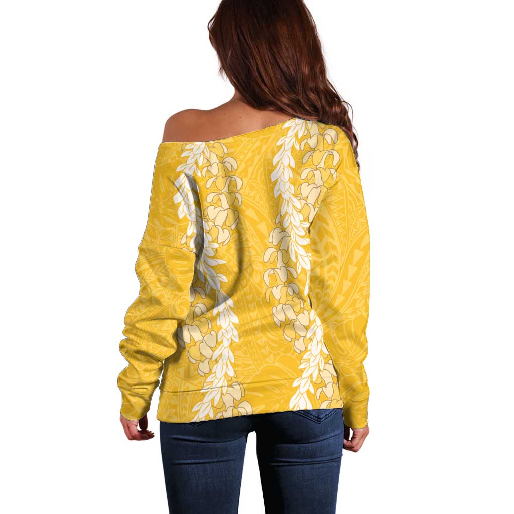 Puakenikeni and Maile Lei Off Shoulder Sweater Gold Double Strand Lei LT9 - Polynesian Pride