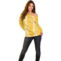 Puakenikeni and Maile Lei Off Shoulder Sweater Gold Double Strand Lei LT9 - Polynesian Pride