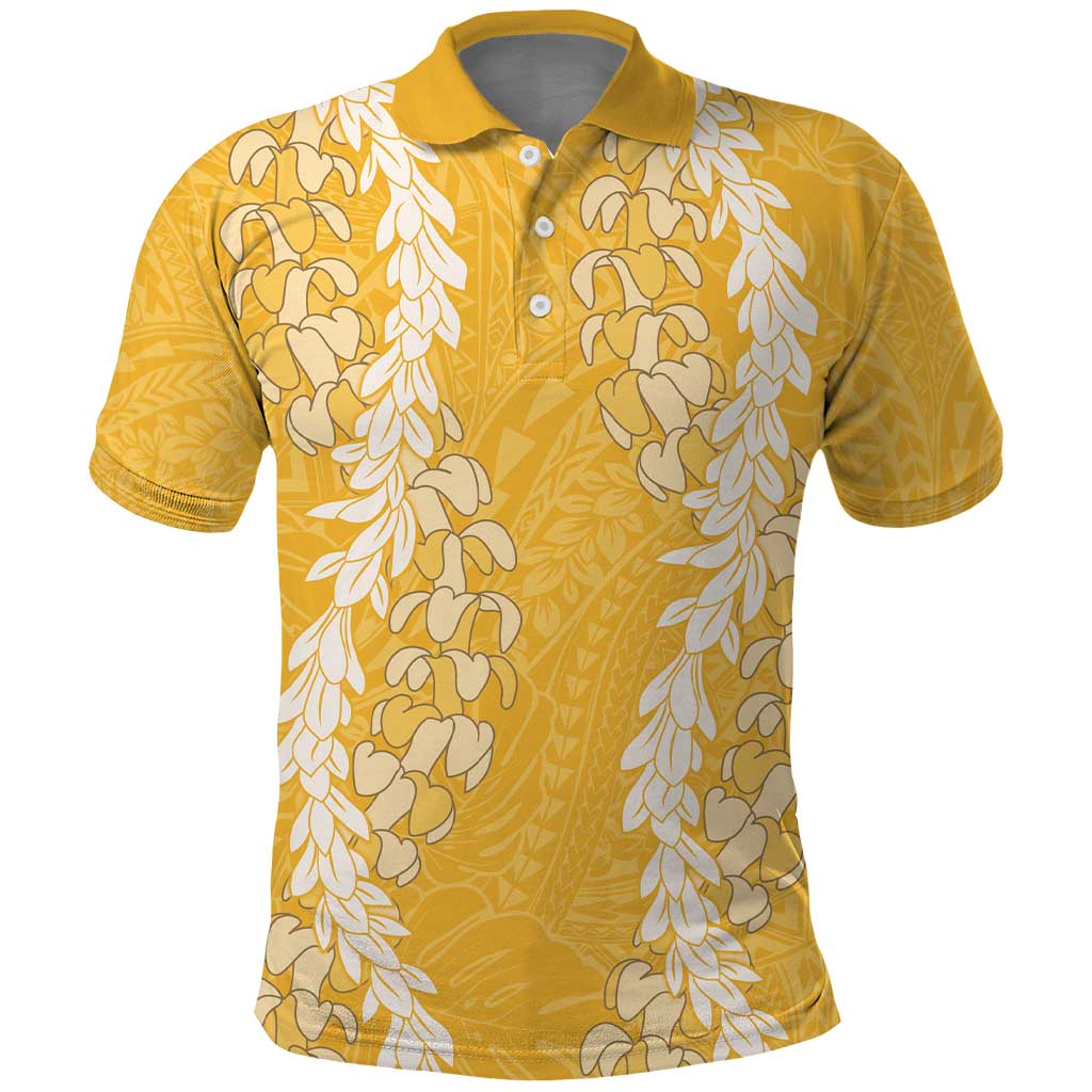 Puakenikeni and Maile Lei Polo Shirt Gold Double Strand Lei LT9 Gold - Polynesian Pride