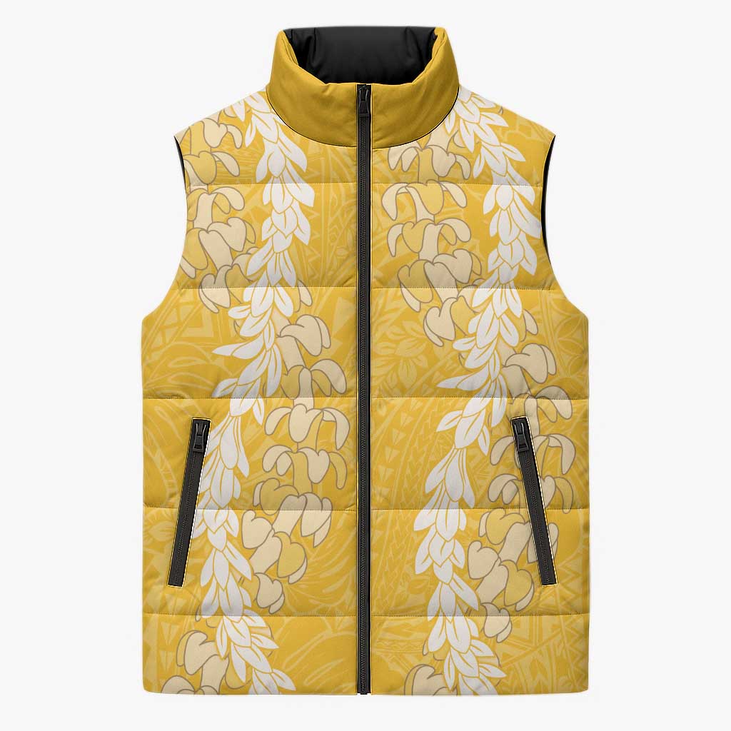 Puakenikeni and Maile Lei Sleeveless Puffer Jacket Gold Double Strand Lei LT9 Unisex Gold - Polynesian Pride