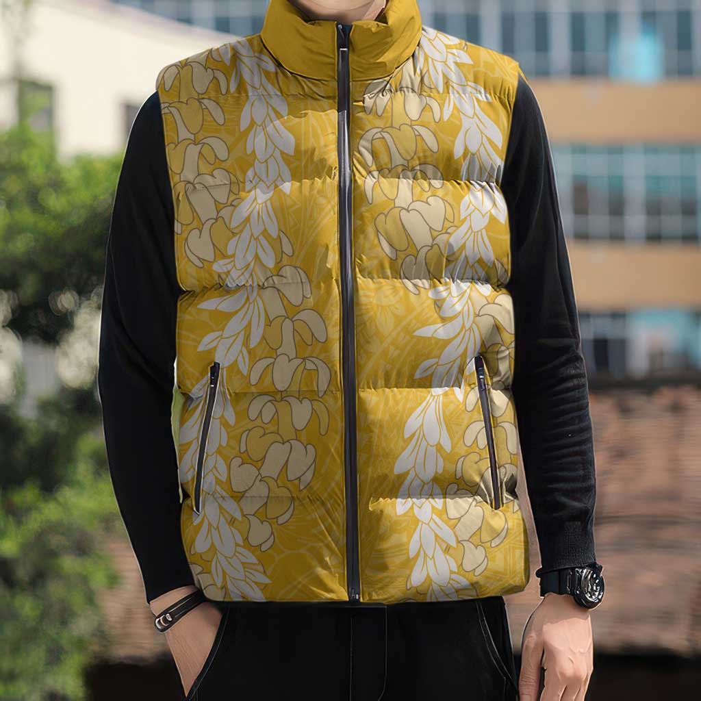 Puakenikeni and Maile Lei Sleeveless Puffer Jacket Gold Double Strand Lei LT9 - Polynesian Pride