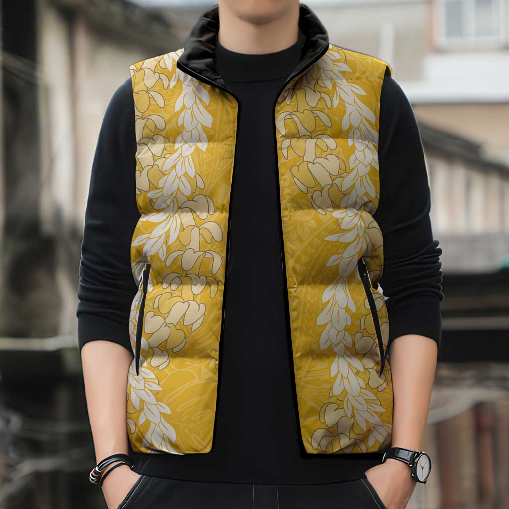 Puakenikeni and Maile Lei Sleeveless Puffer Jacket Gold Double Strand Lei LT9 - Polynesian Pride