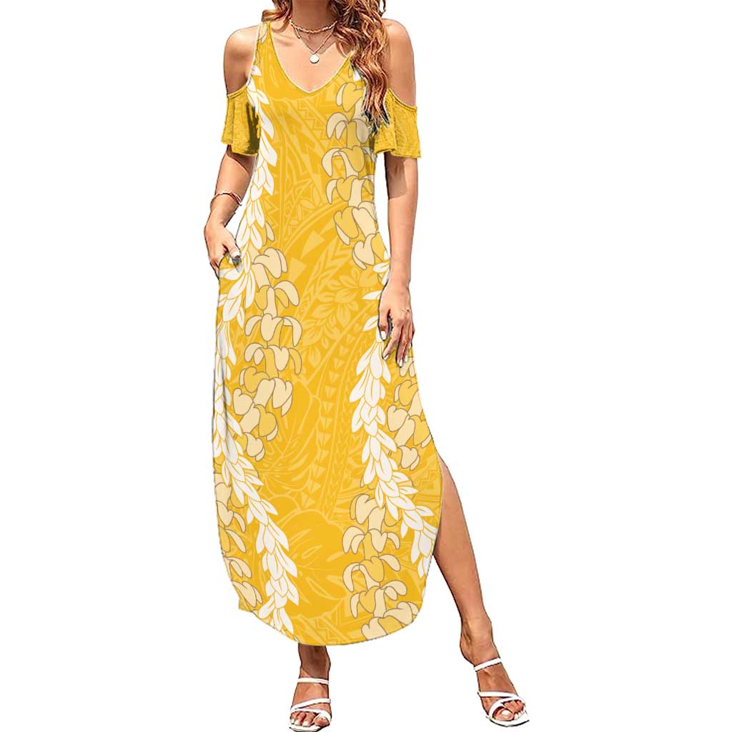 Puakenikeni and Maile Lei Summer Maxi Dress Gold Double Strand Lei LT9 Women Gold - Polynesian Pride