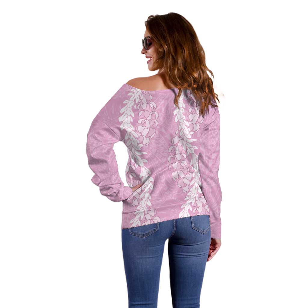Puakenikeni and Maile Lei Off Shoulder Sweater Pink Double Strand Lei LT9 - Polynesian Pride