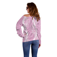Puakenikeni and Maile Lei Off Shoulder Sweater Pink Double Strand Lei LT9 - Polynesian Pride