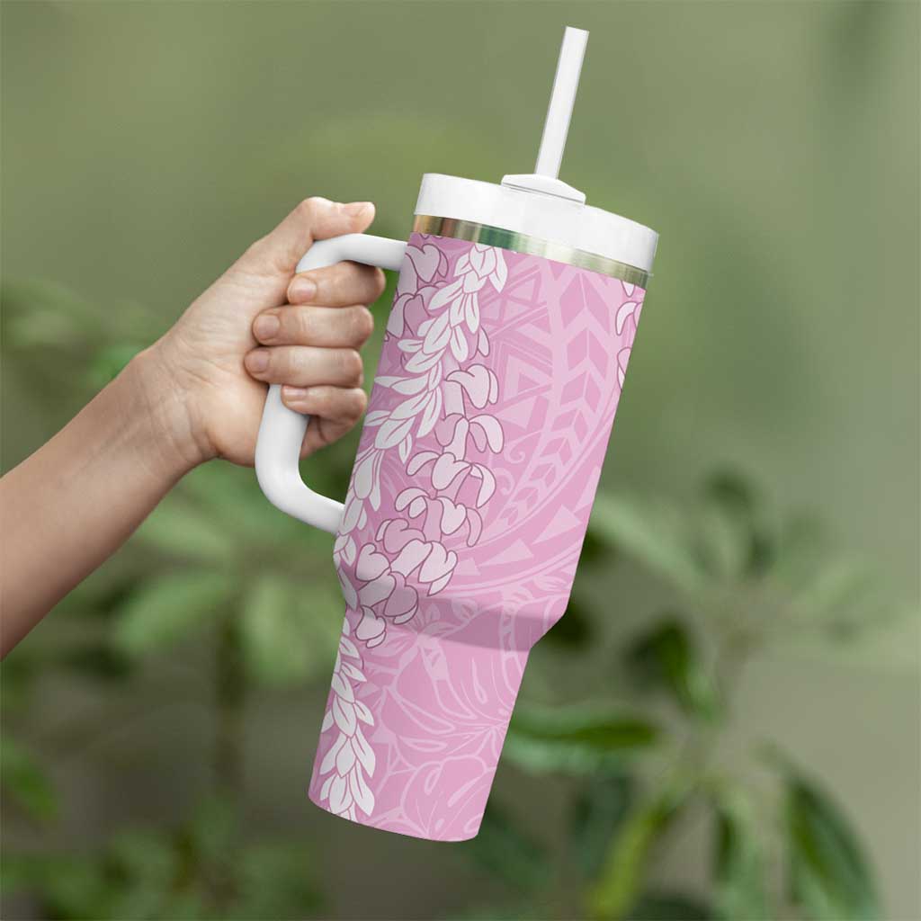 Puakenikeni and Maile Lei Tumbler With Handle Pink Double Strand Lei LT9 - Polynesian Pride