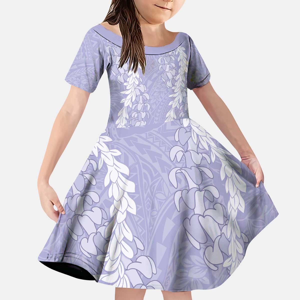 Puakenikeni and Maile Lei Kid Short Sleeve Dress Purple Double Strand Lei LT9 KID Purple - Polynesian Pride