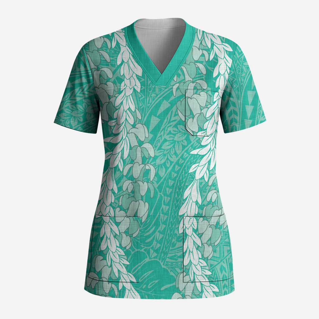 Puakenikeni and Maile Lei Scrub Top Sage Green Double Strand Lei LT9 Adult Sage Green - Polynesian Pride