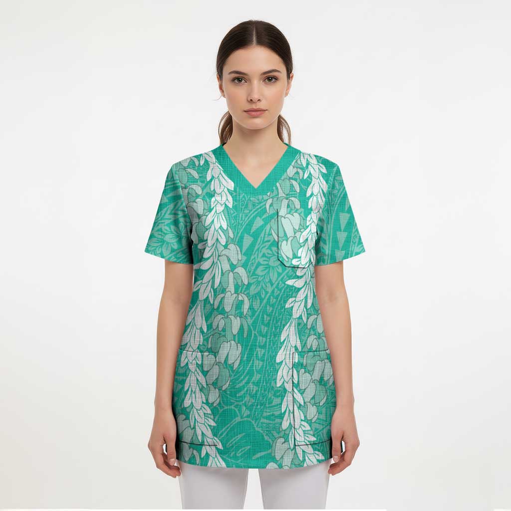 Puakenikeni and Maile Lei Scrub Top Sage Green Double Strand Lei LT9 - Polynesian Pride