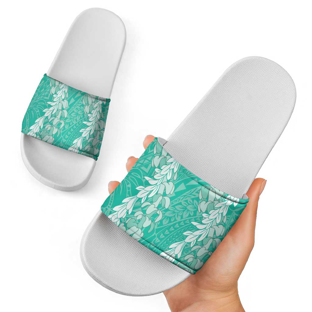 Puakenikeni and Maile Lei Slide Sandals Sage Green Double Strand Lei LT9 - Polynesian Pride