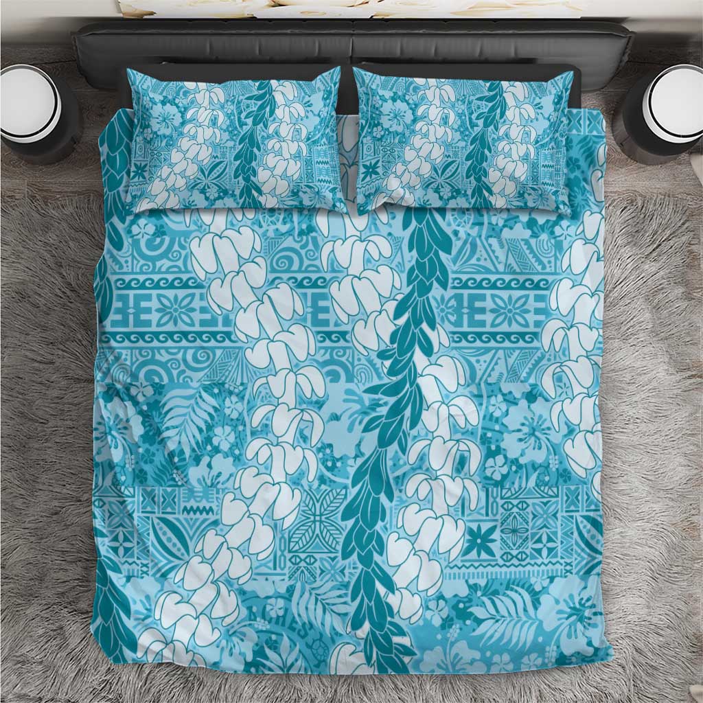 Blue Puakenikeni and Maile Lei Bedding Set Hawaiian Style Tribal Tapa Double Strand Lei LT9 Blue - Polynesian Pride