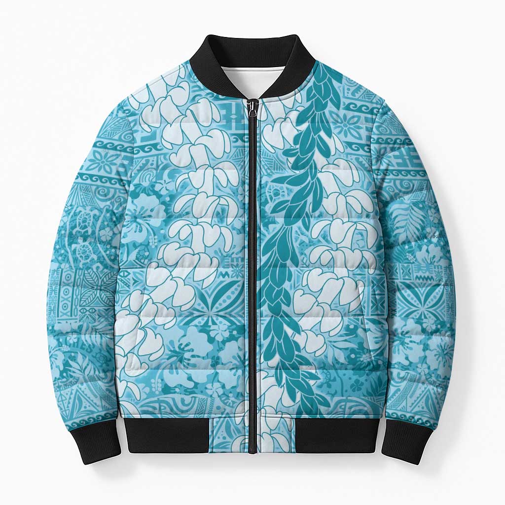 Blue Puakenikeni and Maile Lei Bomber Puffer Jacket Hawaiian Style Tribal Tapa Double Strand Lei LT9 Unisex Blue - Polynesian Pride