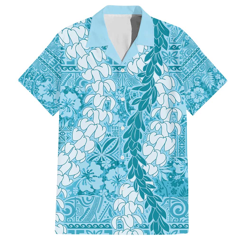 Blue Puakenikeni and Maile Lei Hawaiian Shirt Hawaiian Style Tribal Tapa Double Strand Lei LT9 Blue - Polynesian Pride