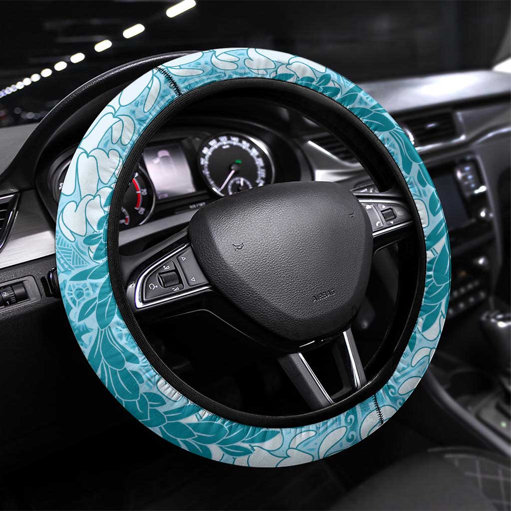 Blue Puakenikeni and Maile Lei Steering Wheel Cover Hawaiian Style Tribal Tapa Double Strand Lei LT9 Universal Fit Blue - Polynesian Pride