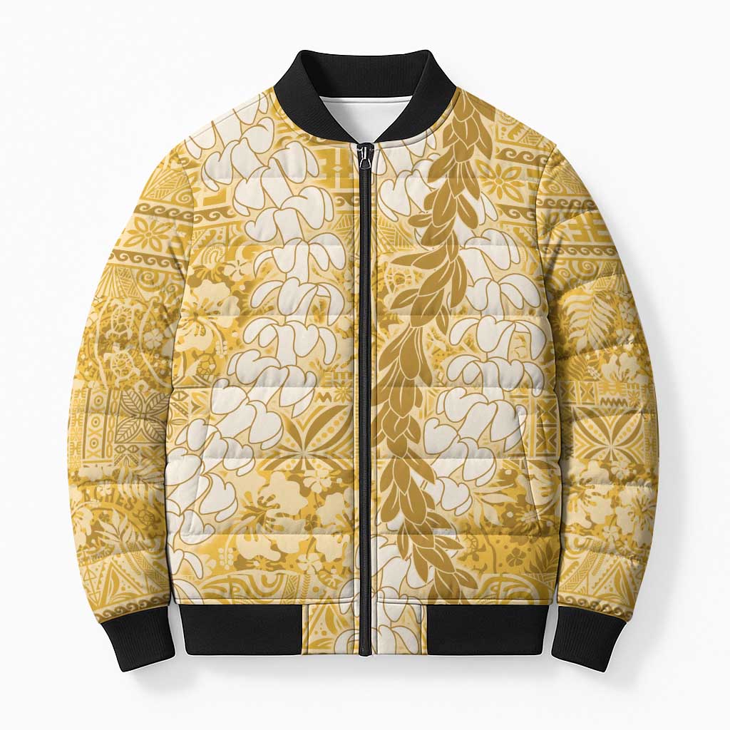 Gold Puakenikeni and Maile Lei Bomber Puffer Jacket Hawaiian Style Tribal Tapa Double Strand Lei LT9 Unisex Gold - Polynesian Pride