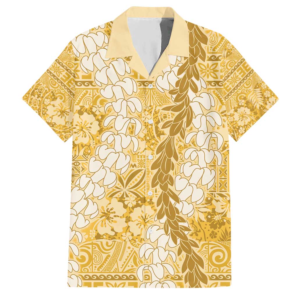 Gold Puakenikeni and Maile Lei Hawaiian Shirt Hawaiian Style Tribal Tapa Double Strand Lei LT9 Gold - Polynesian Pride