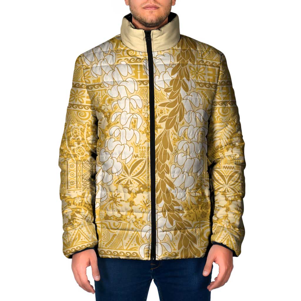 Gold Puakenikeni and Maile Lei Padded Jacket Hawaiian Style Tribal Tapa Double Strand Lei LT9 Men Gold - Polynesian Pride