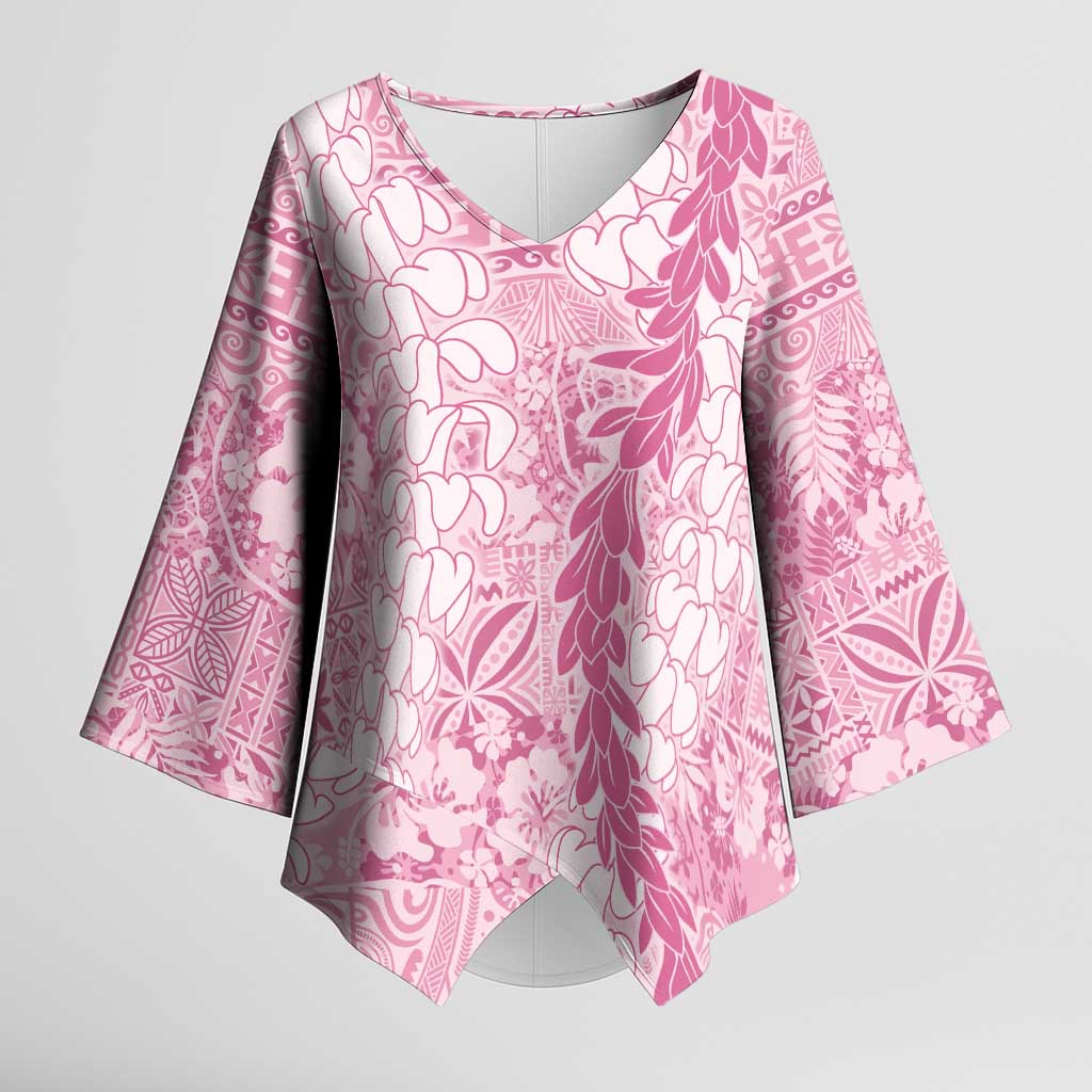 Pink Puakenikeni and Maile Lei Kimono Sleeve Blouse Hawaiian Style Tribal Tapa Double Strand Lei LT9 Female Pink - Polynesian Pride