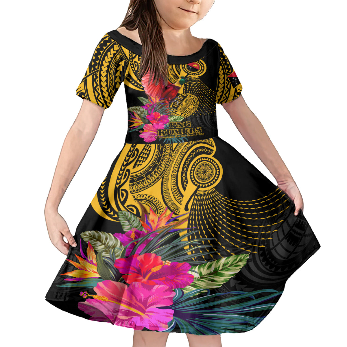 Personalised Papua New Guinea Rugby Kid Short Sleeve Dress PNG Kumuls Champions Pacific Bowl LT9 KID Gold - Polynesian Pride